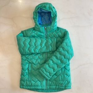 LL Bean Girls Fleece Lined Down Quilted Jacket Coat Green Blue XL 14 16